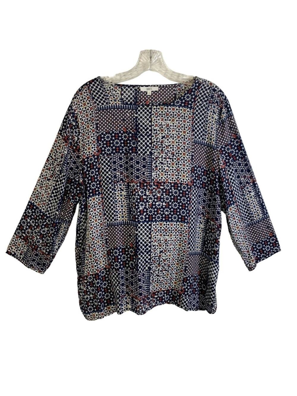 Jake's Womens Size M Blue Patchwork 3/4 Sleeve Wide Neck Loose Fit Blouse Top